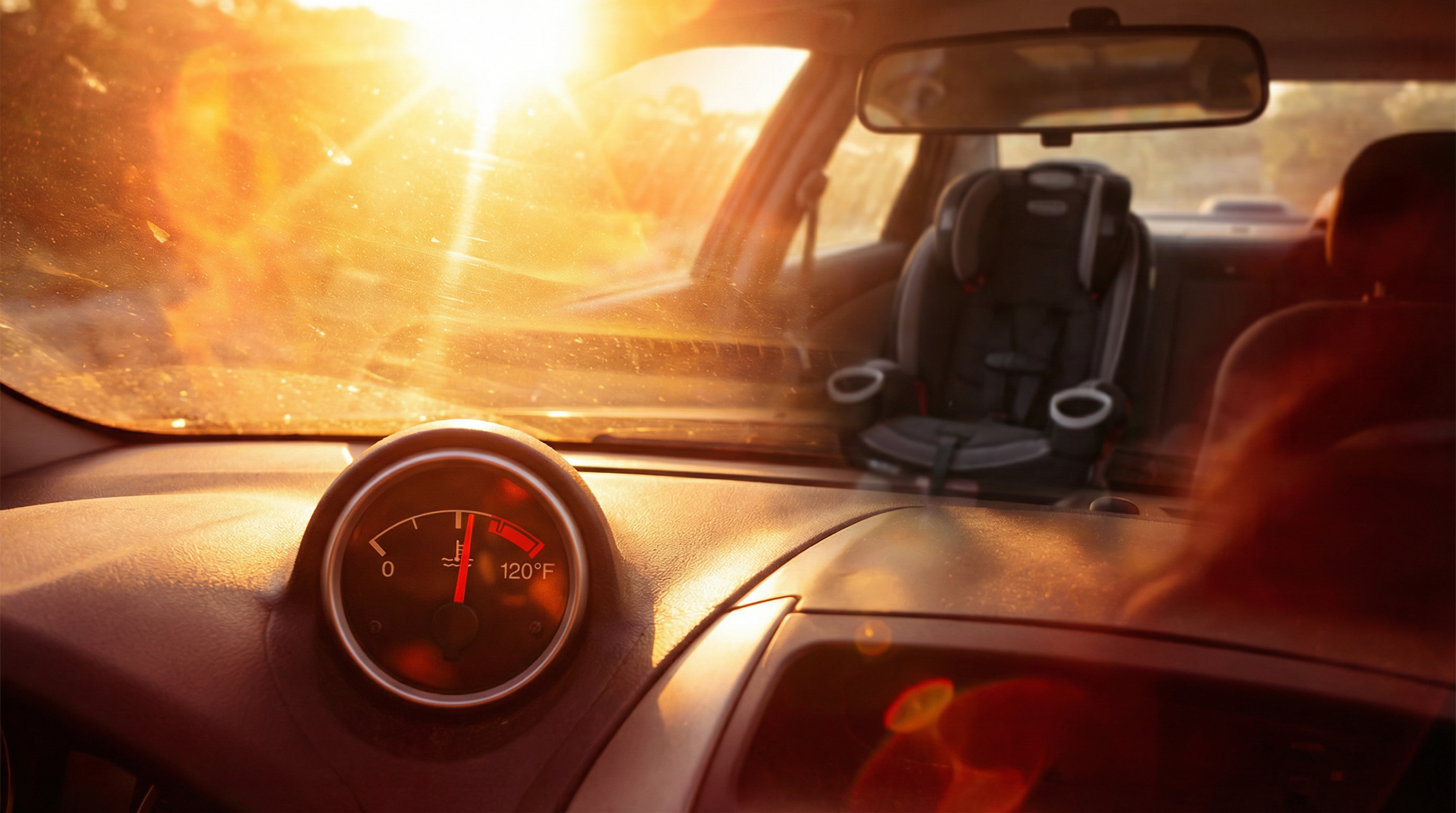 Car interior showing extreme heat danger with empty child seat