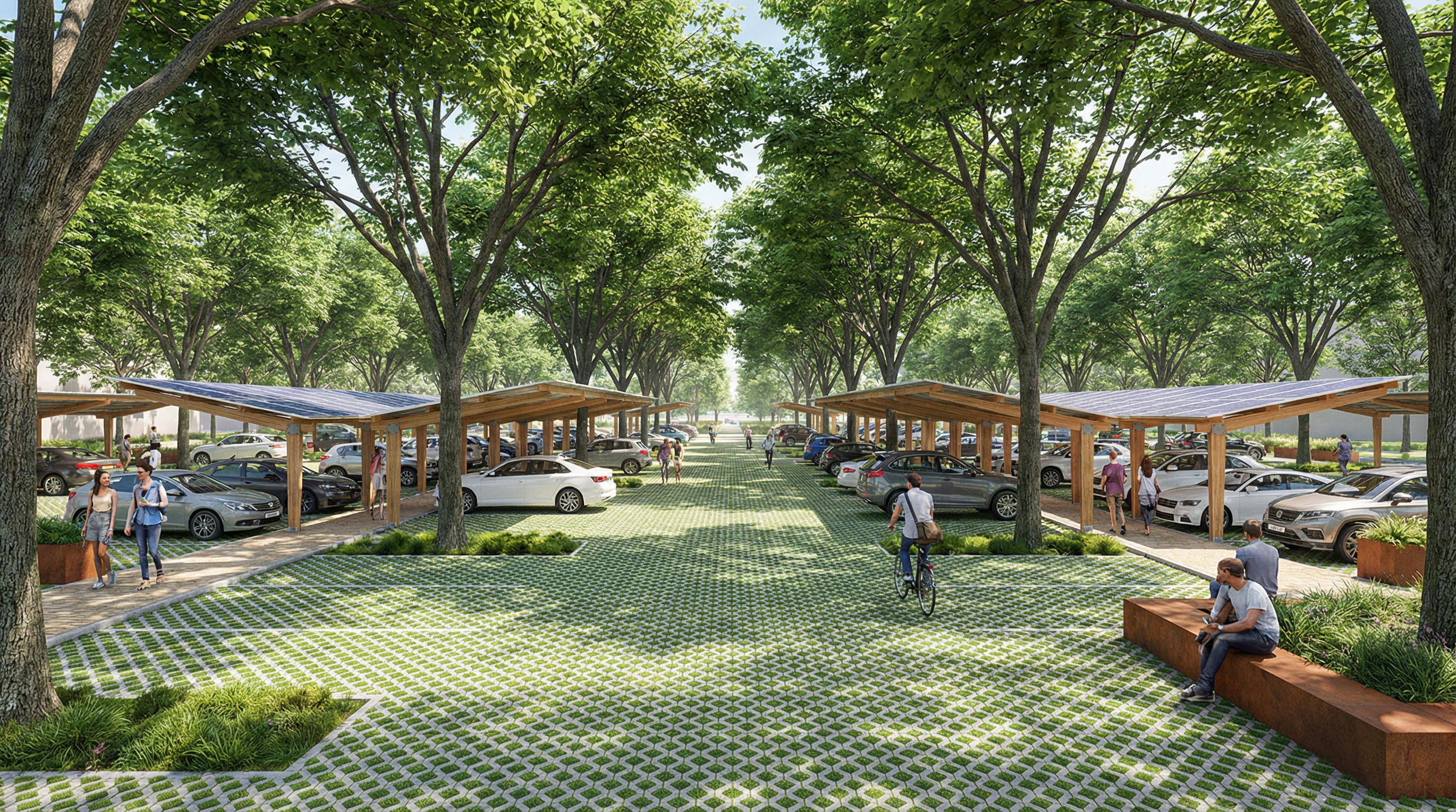 Beautiful green parking lot with shade trees and solar canopies