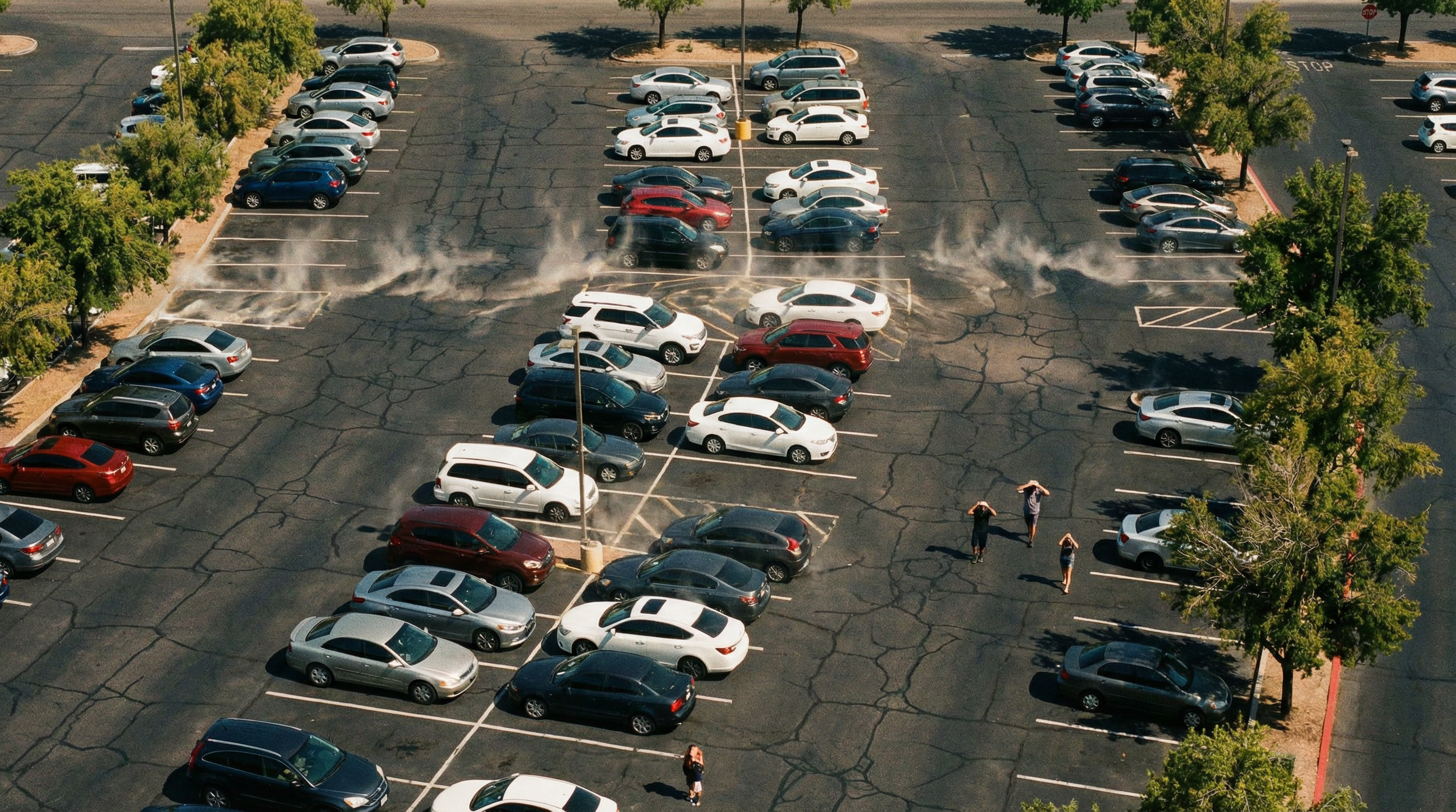 Aerial view of hot parking lot with heat distortion