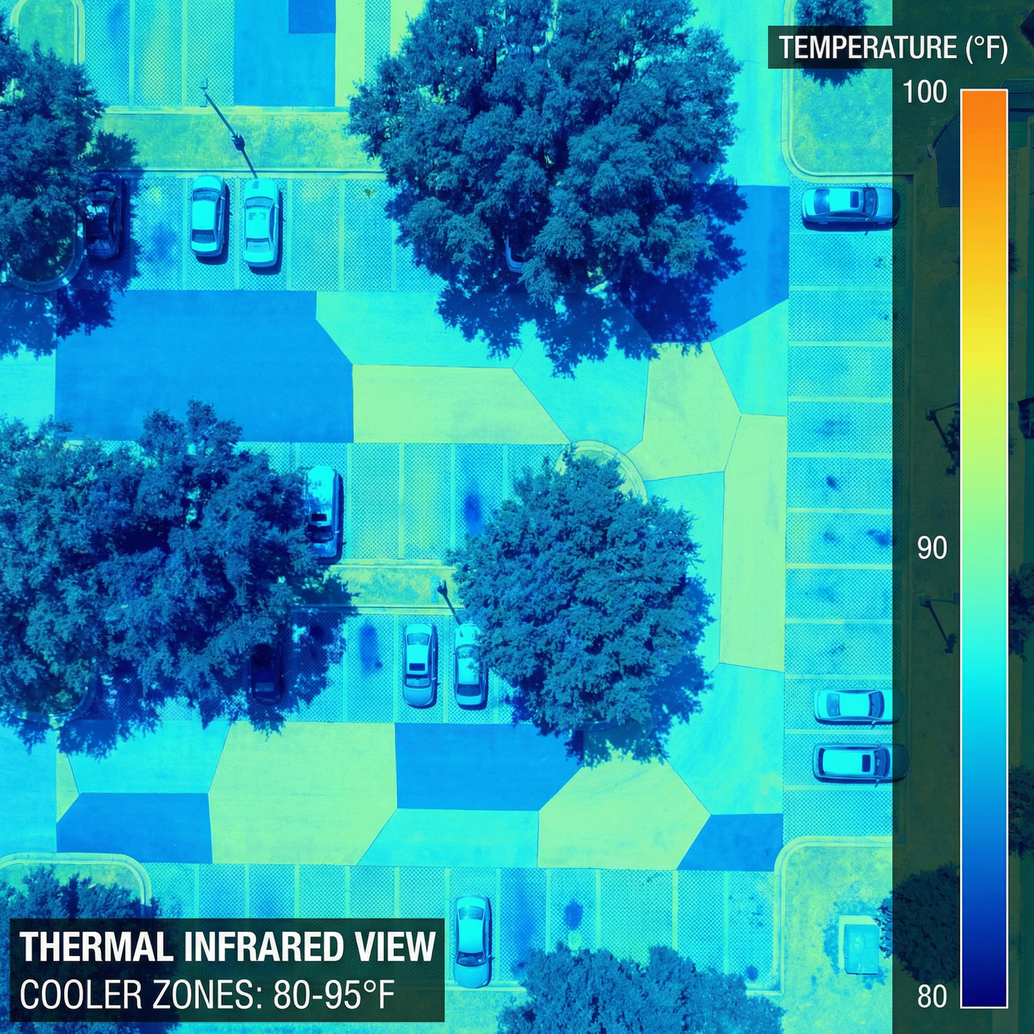 Thermal image of green parking with trees showing 80-95°F temperatures