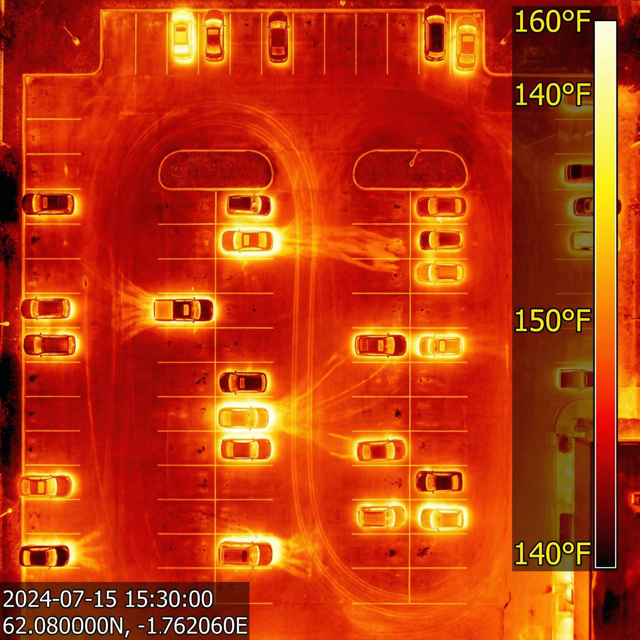 Thermal image of hot asphalt parking lot showing 140-160°F temperatures